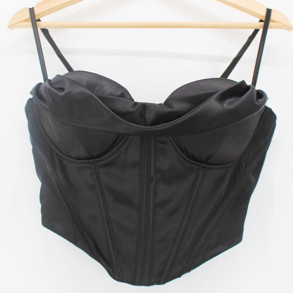 Black Satin Corset Bustier Top L Boned Padded Drape Cowl Neck Stretch Adj. Strap